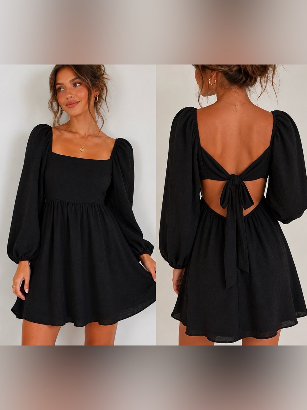 Carole Christian Black Babydoll Dress Medium Puff Sleeve Open Tie Back